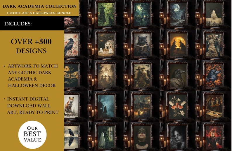 May include: A digital art collection featuring over 300 gothic and dark academia designs. The designs are ready to print and include images of ravens, ghosts, cats, and other spooky elements.
