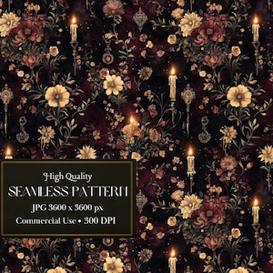 May include: A seamless pattern featuring a dark background with a repeating design of gold candles, flowers, and leaves. The flowers are in shades of red, yellow, and white. The candles are lit and have a golden glow. The pattern is perfect for use in a variety of projects, such as fabric, wallpaper, and wrapping paper.