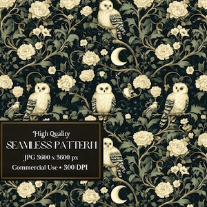 May include: A seamless pattern featuring white owls perched on branches with white flowers and green leaves on a dark green background. The pattern is perfect for fabric, wallpaper, or other decorative projects.