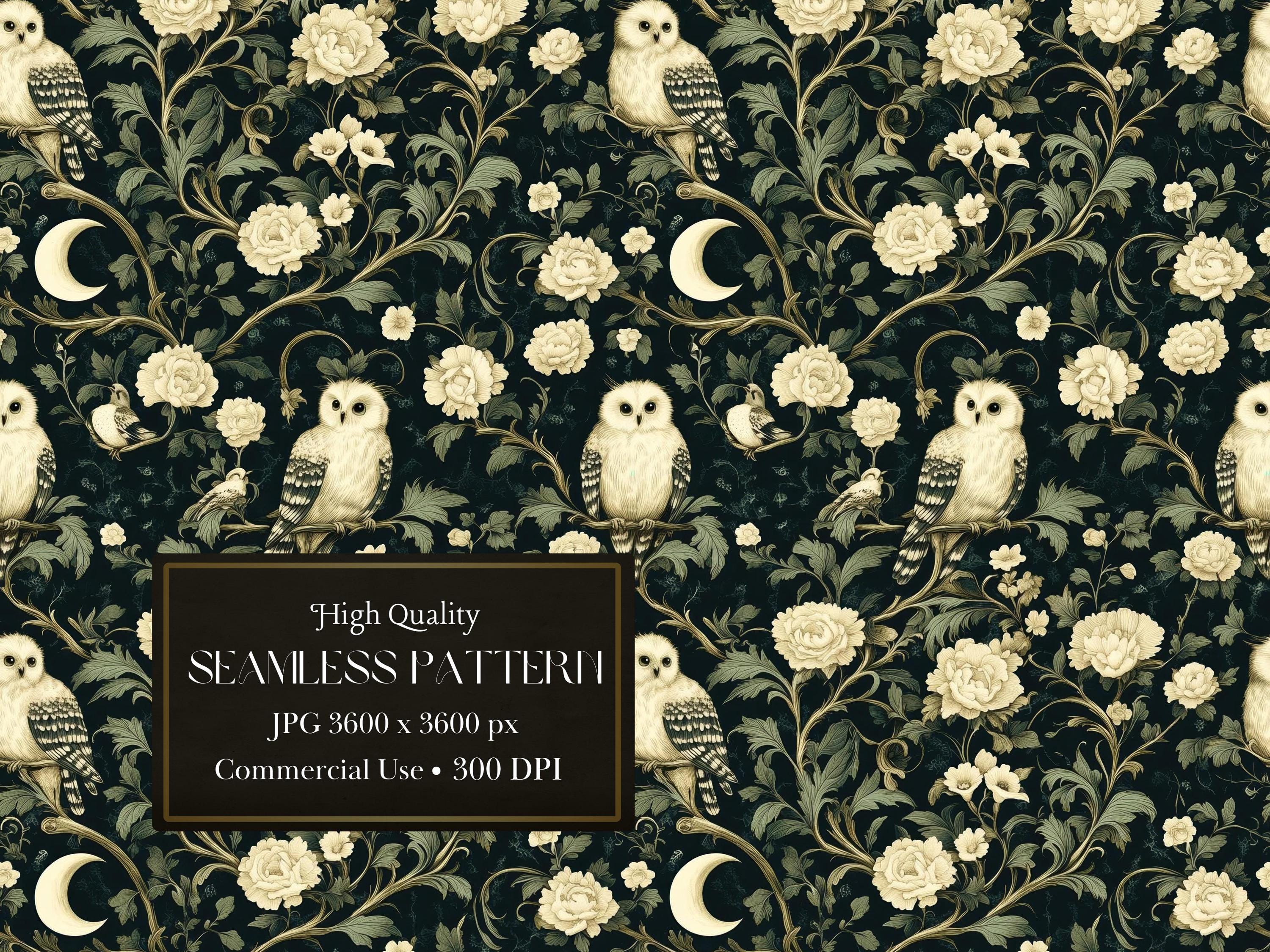 Celestial Owl And Floral Repeating Pattern Dark Cottagecore Seamless Digital Wallpaper Mystical Nigh