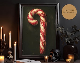 May include: A red and white candy cane with a dark green background. The candy cane is in a dark wood frame.
