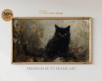 May include: A framed painting of a black cat sitting in a field of brown and green brush. The cat is looking directly at the viewer with a serious expression. The painting is in a gold frame and has a textured, brushstroke style.