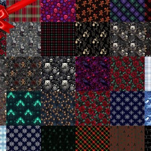May include: A collection of fabric swatches with various patterns. Designs include plaid, floral, skulls, gingerbread men, bears, ravens, and snowflakes. A red ribbon is tied in a bow at the top left.