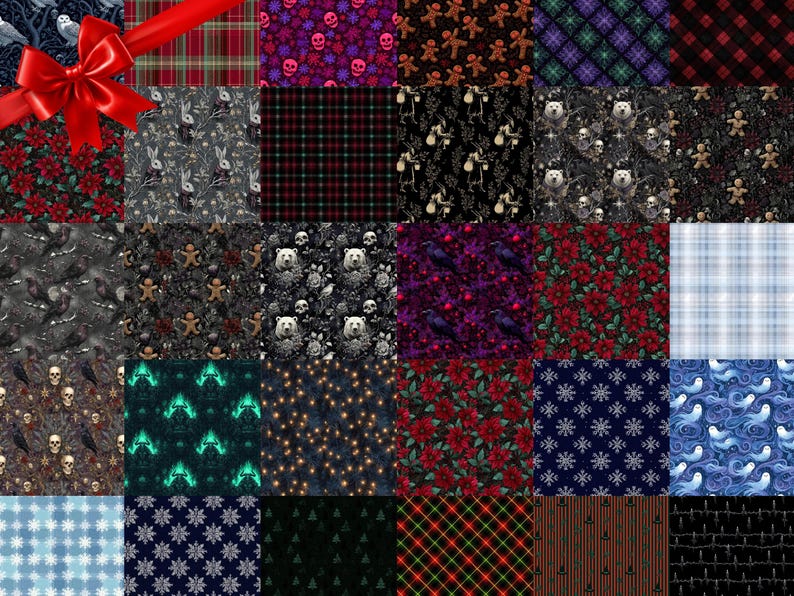 May include: A collection of fabric swatches with various patterns. Designs include plaid, floral, skulls, gingerbread men, bears, ravens, and snowflakes. A red ribbon is tied in a bow at the top left.