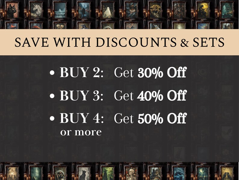 May include: A black and white graphic with white text on a black background. The text reads "SAVE WITH DISCOUNTS & SETS" and lists discounts for buying multiple items: "BUY 2: Get 30% Off", "BUY 3: Get 40% Off", "BUY 4: Get 50% Off or more".