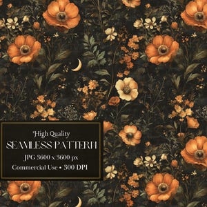 Könnte beinhalten: Ein nahtloses Muster mit einem dunklen Hintergrund mit orangefarbenen und cremefarbenen Blumen, Blättern und Mondsicheln. Das Muster ist von hoher Qualität und perfekt für den digitalen Druck.
