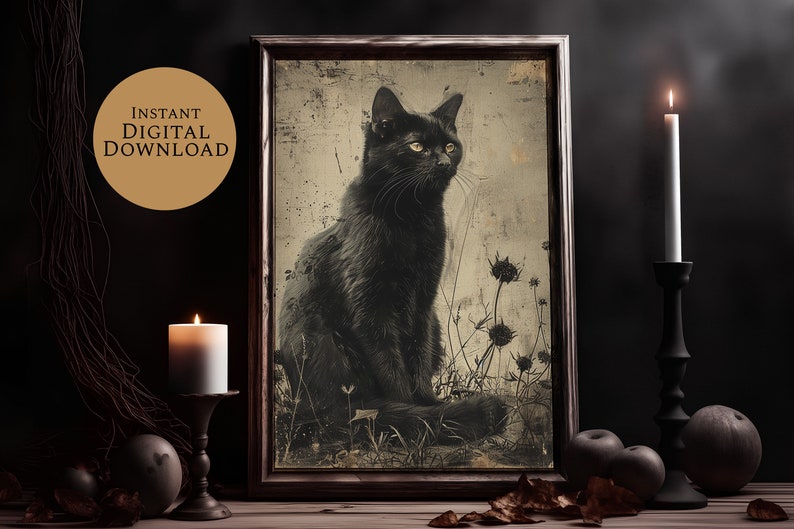 Fall Pastel Black Cat Painting Fall Wall Art Rustic Home Decor Black Cat Cat Lover Gift Cat Decor Vintage Halloween | Dark Art image 1