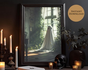 May include: A framed print of a white ghost standing in a room with a window and plants. The ghost is wearing a white sheet and has a face with two black eyes. The room is dark and has a wooden floor. The print is in a dark brown frame.