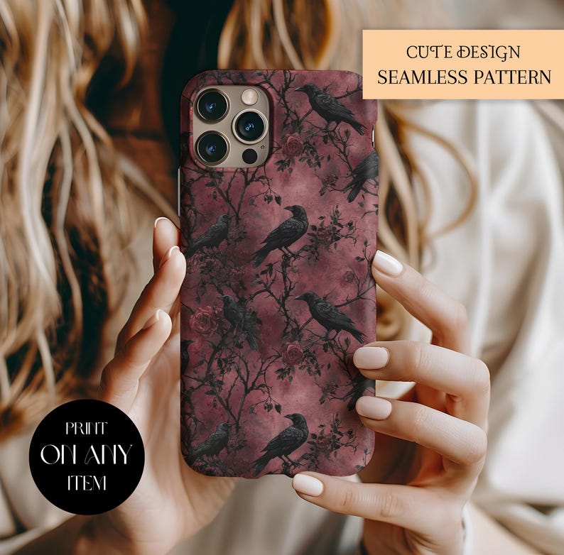 Motivo senza cuciture Dark Gothic Raven con fiori scuri e autunno vintage, motivo digitale autunnale vintage di Halloween - Uso commerciale immagine 3