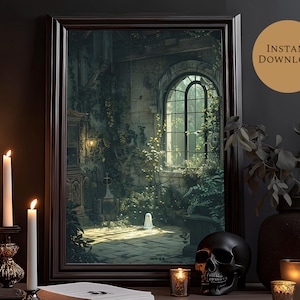 May include: A framed print of a spooky, overgrown, abandoned room with a window and a ghost. The room is lit by sunlight streaming through the window. The print is framed in dark wood and is hanging on a dark wall.