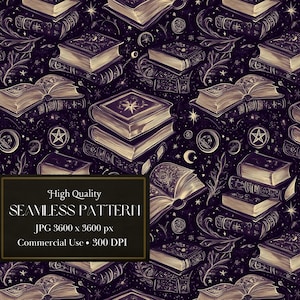 May include: A seamless pattern featuring a dark purple background with gold and white illustrations of open books, stacks of books, stars, moons, and other celestial elements. The text "High Quality Seamless Pattern" is in a gold frame.