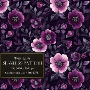 Peut inclure: Un motif sans couture représentant des fleurs violettes aquarelle avec des centres blancs sur un fond violet foncé. Le motif est de haute qualité et parfait pour un usage commercial.
