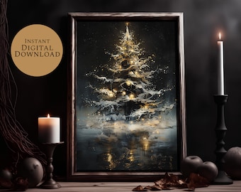 May include: An abstract painting of a Christmas tree with gold and white accents, set against a dark background. The artwork is framed and includes the text "INSTANT DIGITAL DOWNLOAD". Candles and decorative elements surround the painting.