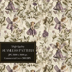 Può includere: Uno schema senza cuciture con fate con ali e abiti viola che volano tra fiori verdi e viola su uno sfondo crema. Il testo "High Quality Seamless Pattern" è nella parte inferiore dell'immagine.