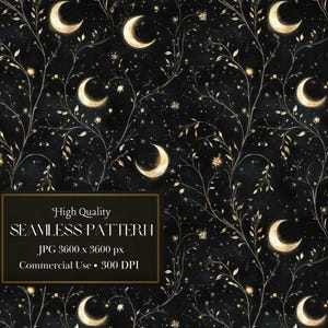 Puede incluir: Un patrón sin costuras con medias lunas doradas y estrellas sobre un fondo negro. El patrón está rodeado por un marco negro con el texto "High Quality Seamless Pattern" y "JPG 3600 x 3600 px Commercial Use. 300 DPI".