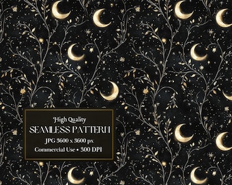 May include: A seamless pattern featuring gold crescent moons and stars on a black background. The pattern is surrounded by a black frame with the text "High Quality Seamless Pattern" and "JPG 3600 x 3600 px Commercial Use. 300 DPI".