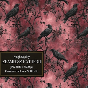 May include: A seamless pattern featuring black crows perched on bare branches with red roses. The background is a watercolor wash of pink and red.