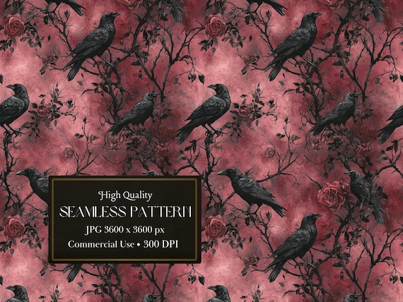 Dark Gothic Raven Seamless Pattern With Dark Florals And Vintage Fall Vintage Fall Halloween Digital Digital Pattern - Commercial Use