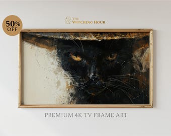 May include: A framed painting of a black cat's face with a golden background. The cat's eyes are open and staring directly at the viewer. The painting is in a gold frame and has the text "THE WITCHING HOUR" above it.