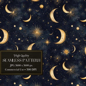 May include: A seamless pattern featuring gold crescent moons, stars, and celestial bodies on a dark blue background. The pattern is perfect for creating digital or printed designs.