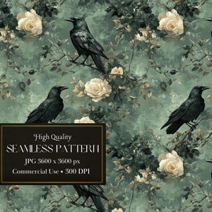 May include: Seamless pattern with black crows on branches, cream roses, and foliage on a teal backdrop. A rectangular text box displays "High Quality SEAMLESS PATTERN". The design evokes a gothic or vintage aesthetic.
