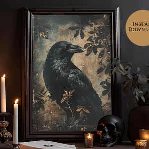 Peut inclure: Une impression d'art numérique représentant un corbeau noir perché sur une branche avec un fond doré et brun. Le corbeau est entouré de feuilles et a une apparence réaliste et détaillée.
