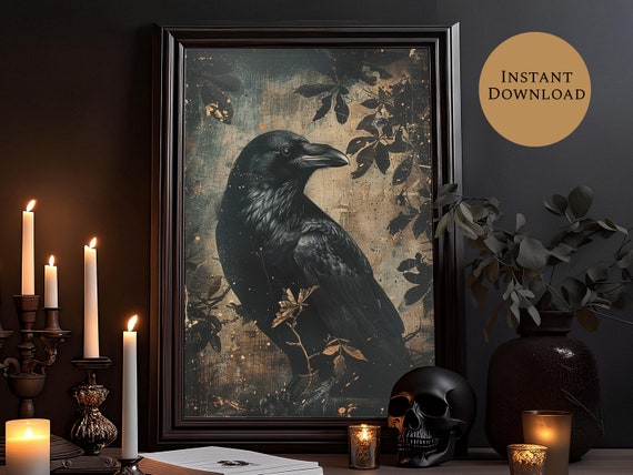 Raven Print Gothic Art Dark Academia Prints Downloads Gothic Art Dark Cottagecore Gothic Wall Decor | Moody Wall Art | Pastel Goth