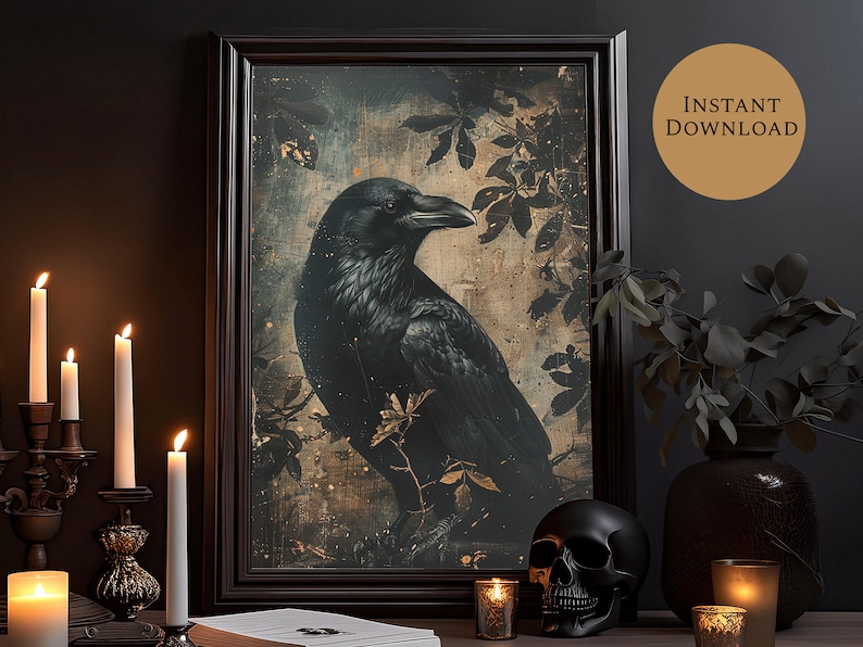 Raven Print Gothic Art Dark Academia Prints Downloads Gothic Art Dark Cottagecore Gothic Wall Decor | Moody Wall Art | Pastel Goth image 1