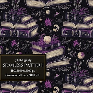Op de afbeelding: Een naadloos patroon met stapels vintage boeken met paarse en gouden accenten, hemellichamen en bloemmotieven op een donkere achtergrond. De tekst "High Quality Seamless Pattern" wordt weergegeven in een wit kader.