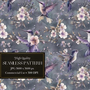 May include: Seamless pattern featuring hummingbirds, flowers, and foliage in shades of purple, white, and beige against a muted teal background. The design includes a rectangular text box with the words "High Quality SEAMLESS PATTERN".