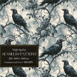Peut inclure: Un motif sans couture représentant des corbeaux noirs perchés sur des branches nues avec des roses blanches en fleurs. L'arrière-plan est un ciel nuageux bleu et blanc doux.