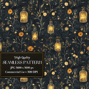 May include: A seamless pattern featuring glowing glass bottles with a floral design on a dark blue background. The bottles are surrounded by yellow flowers and green leaves.