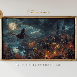 Flying Witch Castle Art for Samsung Frame TV Art | Spooky Gothic Dark Academia Halloween Party Decor | Vintage Holiday