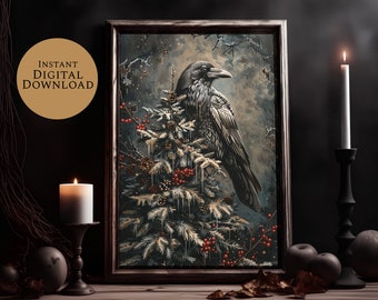 Impresión invernal de cuervos navideños espeluznantes, árbol de Navidad espeluznante, arte digital / arte de pared digital, decoración de sala de estar, regalos de brujas, decoración de pared gótica