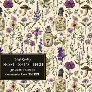 Vintage Florals Und Pilze Musterdesign Mit Witchy Kräuter Und Lavendel Tapete Digitale Tapete Nahtloses Muster - Kommerzielle Nutzung