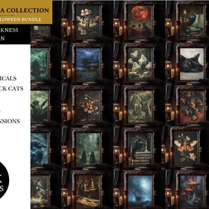 May include: A collection of 20 framed gothic art prints featuring various dark themes, including witches, ghosts, ravens, black cats, dark forests, haunted mansions, vampires, and skeletons. The prints are arranged in a grid pattern and are surrounded by candles.
