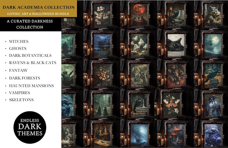 May include: A collection of 20 framed gothic art prints featuring various dark themes, including witches, ghosts, ravens, black cats, dark forests, haunted mansions, vampires, and skeletons. The prints are arranged in a grid pattern and are surrounded by candles.