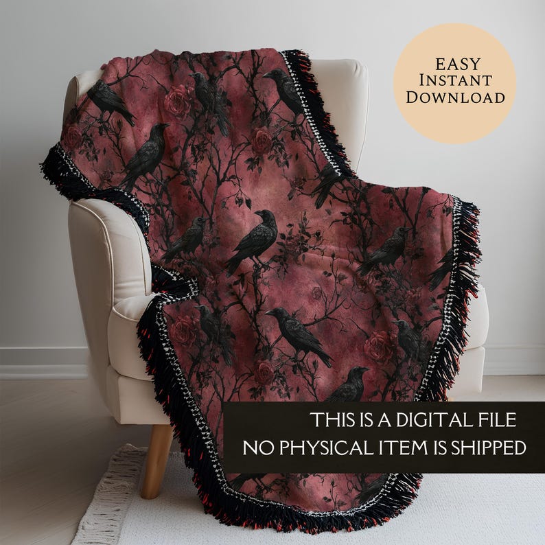 Motivo senza cuciture Dark Gothic Raven con fiori scuri e autunno vintage, motivo digitale autunnale vintage di Halloween - Uso commerciale immagine 6