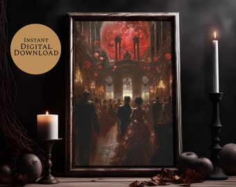 May include: A framed painting depicting a grand ballroom scene with a large, red moon hanging in the ceiling. The ballroom is filled with people in formal attire, dancing and socializing. The painting has a dark and mysterious atmosphere.