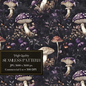 Darkcore Pilz Tapete mit magischen Pilzen und Wildblumen, digitales Design für witchy, nahtlose Muster dunkel - kommerzielle Nutzung