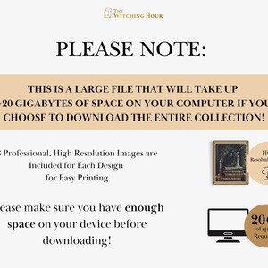 May include: A beige and white graphic with the text "PLEASE NOTE:" and "THIS IS A LARGE FILE THAT WILL TAKE UP -20 GIGABYTES OF SPACE ON YOUR COMPUTER IF YOU CHOOSE TO DOWNLOAD THE ENTIRE COLLECTION!"  The graphic also includes a computer monitor icon with the text "20GB of space Required" and a cloud icon with the text "High Resolution Files".