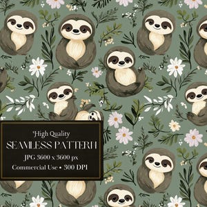 Papel digital con adorables perezosos y diseño sin costuras con estampado floral repetido para proyectos de tela y scrapbooking para niños Perezosos - Uso comercial