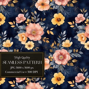 May include: Seamless pattern featuring watercolor flowers in shades of peach, yellow, and gold on a dark blue background. The pattern is perfect for creating digital or printed designs.