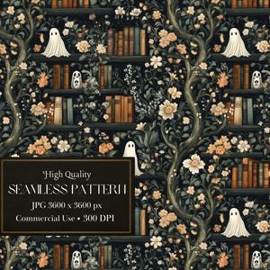Könnte beinhalten: Ein nahtloses Muster mit einem dunkelgrünen Baum mit weißen Geistern und Büchern in Regalen. Der Baum ist von rosa und weißen Blumen umgeben. Das Muster ist perfekt für Halloween oder eine gruselige Dekoration.