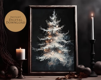May include: A framed digital art print of a snowy Christmas tree with white lights and baubles against a dark background. The print is displayed on a wooden surface with candles and apples.