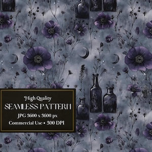 Peut inclure: Un motif sans couture avec des fleurs violettes foncées, des croissants de lune et des bouteilles en verre sur un fond bleu foncé. Le motif est parfait pour créer une esthétique mystique ou gothique.