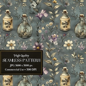Peut inclure: Un motif sans couture représentant des flacons en verre vintage remplis de plantes et entourés de fleurs délicates dans des tons de violet, blanc et jaune sur un fond bleu. Le texte "High Quality Seamless Pattern" est affiché dans un rectangle noir.