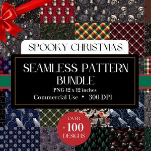 May include: A collection of spooky Christmas-themed seamless patterns. The image features various designs, including skulls, bells, and holiday motifs. The patterns are available in a bundle, with each design measuring 12 x 12 inches. The text on the image says "Spooky Christmas" and "Seamless Pattern Bundle".