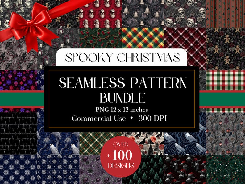 May include: A collection of spooky Christmas-themed seamless patterns. The image features various designs, including skulls, bells, and holiday motifs. The patterns are available in a bundle, with each design measuring 12 x 12 inches. The text on the image says "Spooky Christmas" and "Seamless Pattern Bundle".