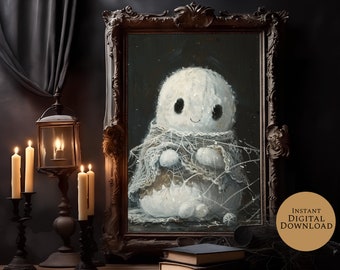May include: A digital painting of a white ghost with a sweet expression, wrapped in a cobweb, set against a dark background in a vintage ornate frame.